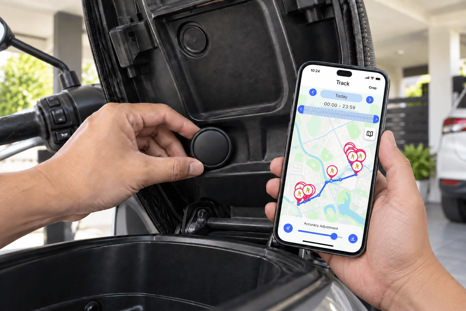 A hand holding LOCAFI MINI over the open under-seat compartment of a motorcycle, with a phone showing a route of past locations