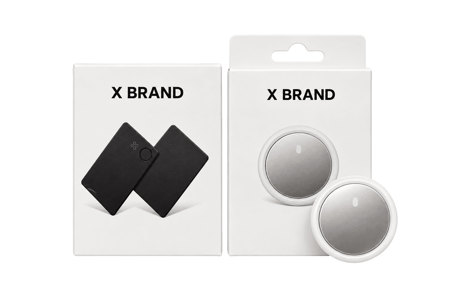 Two retail boxes for a generic Bluetooth tracker, with a round tracker standing in front of them.